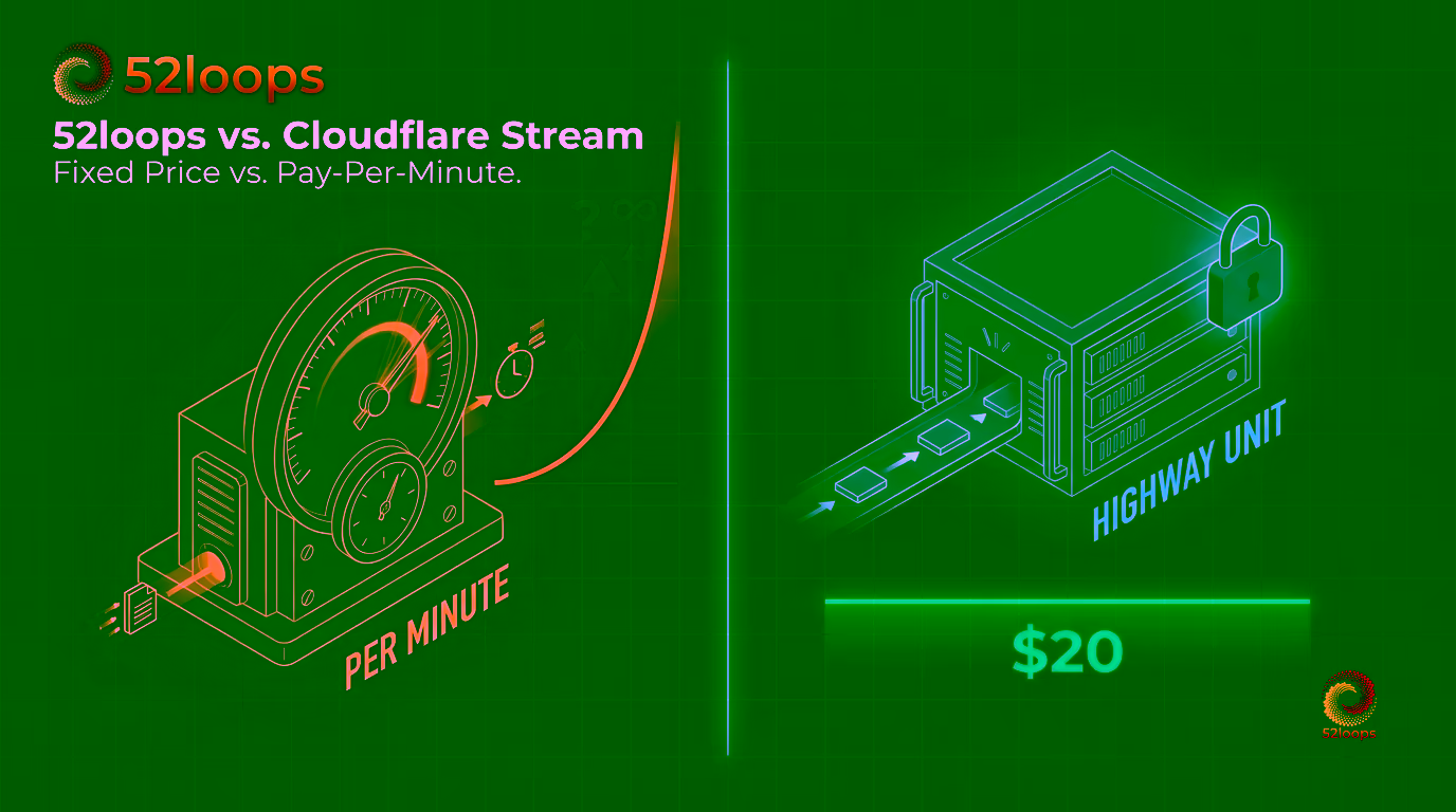 52loops vs. Cloudflare Stream: fixed-capacity billing panel versus pay-per-minute meter, infrastructure comparison diagram