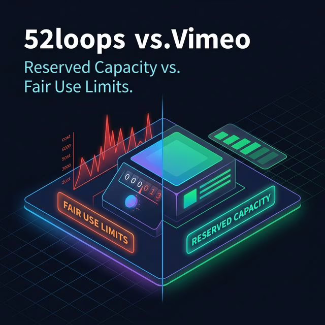 52loops vs. Vimeo: a split diagram showing Reserved Capacity on one side and Fair Use Limits on the other, rendered in dark technical tones
