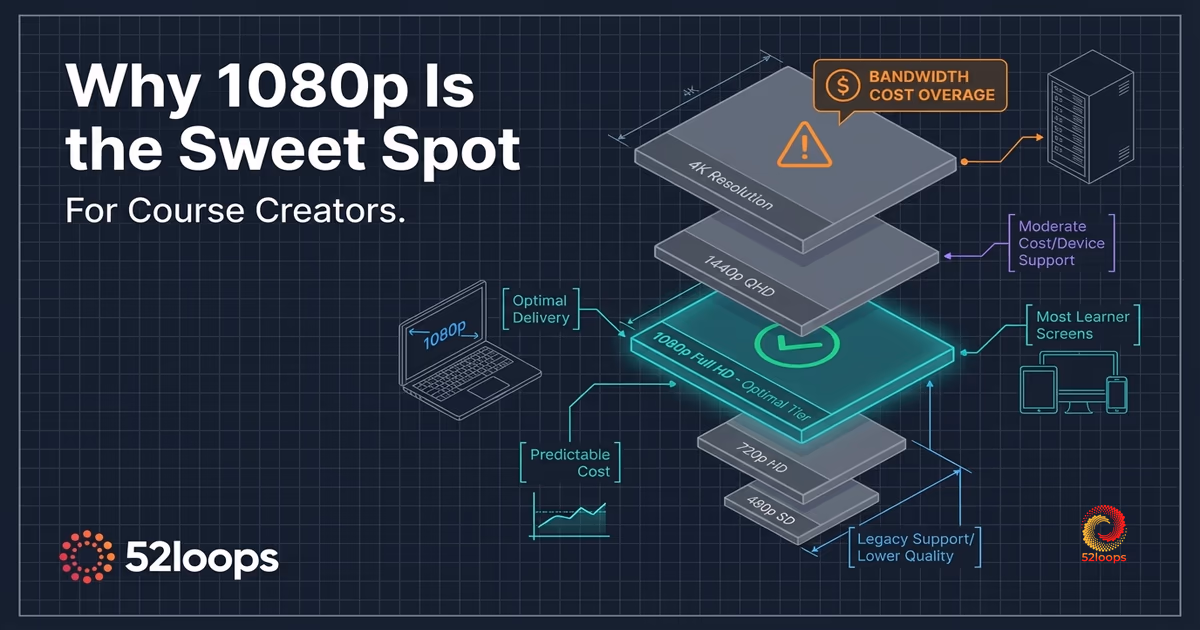 A course creator reviewing video resolution settings on a laptop, with a bandwidth cost graph visible in the background